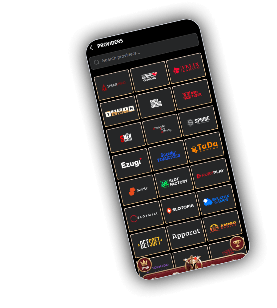 Spartaza Providers page with a search field and logo tiles for Spearhead, Felix Gaming, Red Tiger, Spribe, Ezugi and more